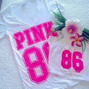 2 Pc Love Pink 86 V Neck Tee & Shorts Set